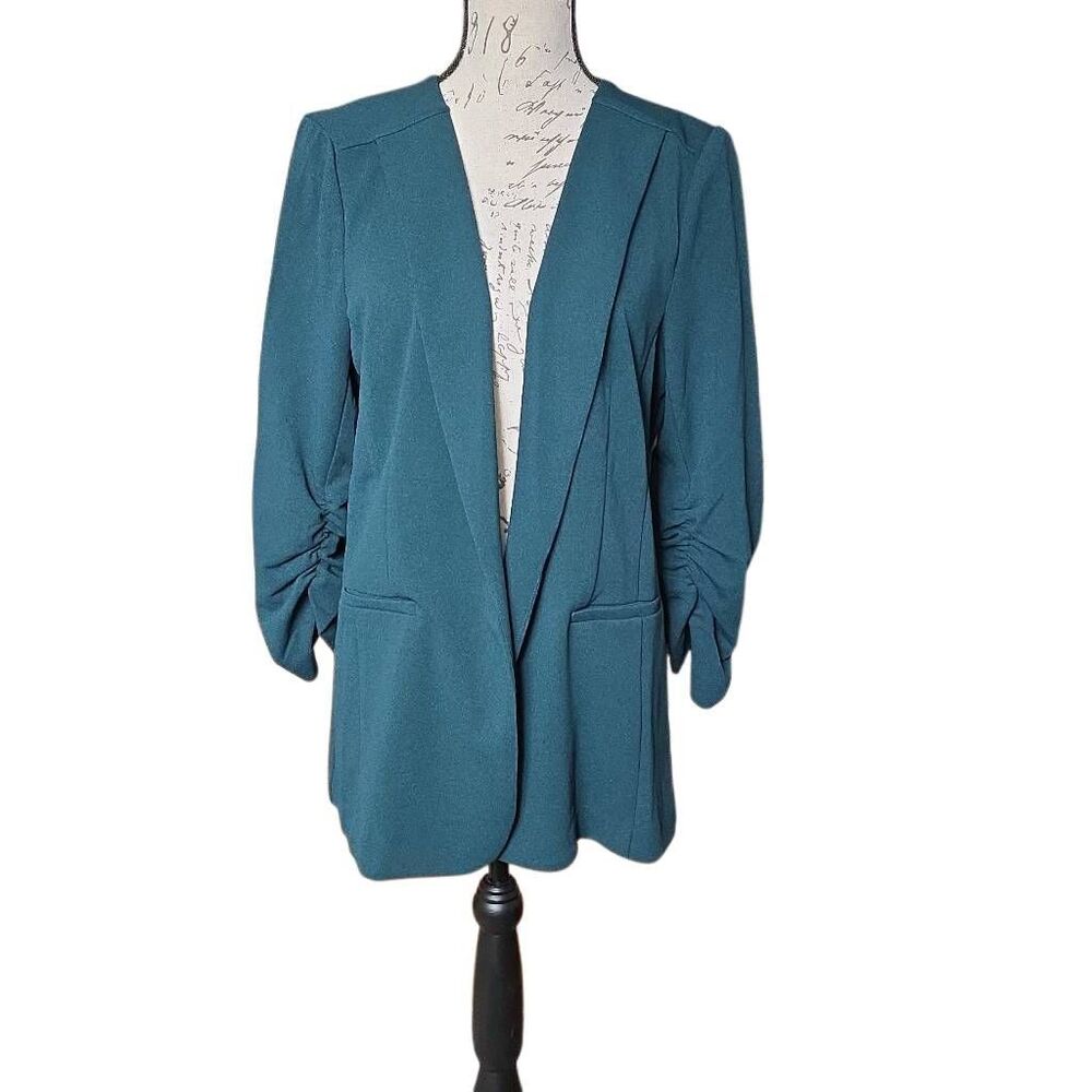 Skies Are Blue Women's Size Large Dark Green Raja Collarless Longline Blazer